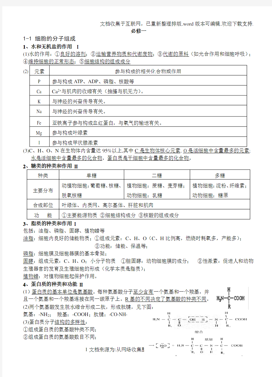 浙教版高中生物必修1知识点最新整理