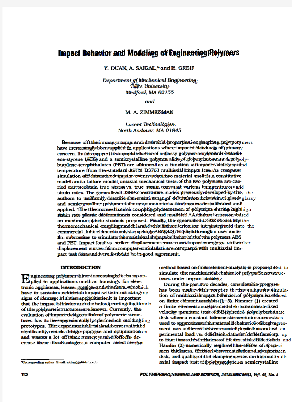 Impact behavior and modeling of engineering polymers