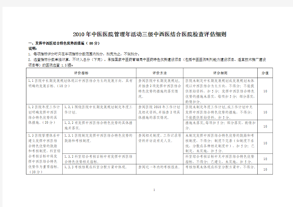 2010年中医医院管理年活动三级中西医结合医院检查评估细则