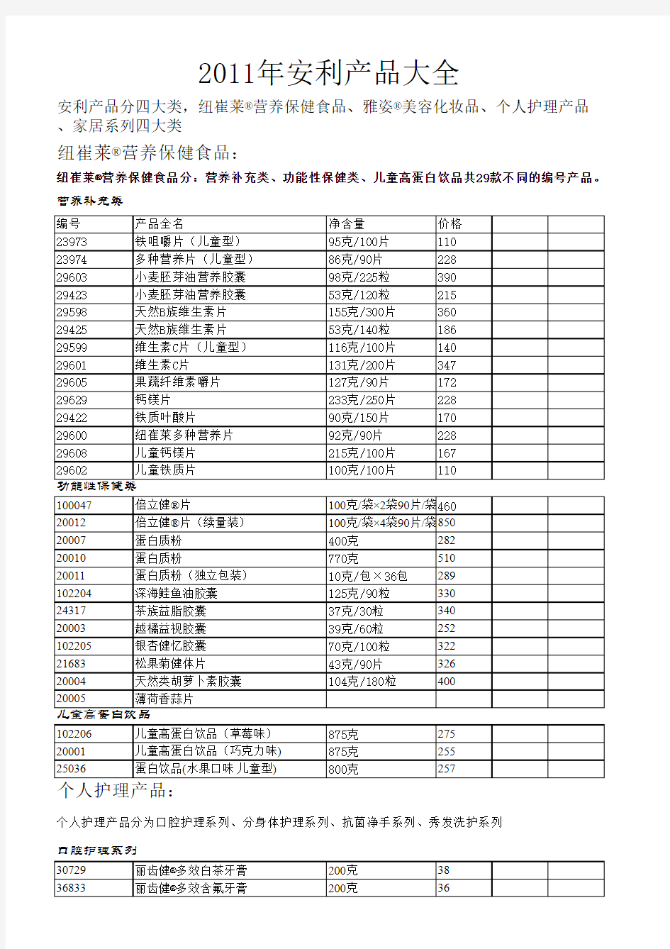 安利产品价格表