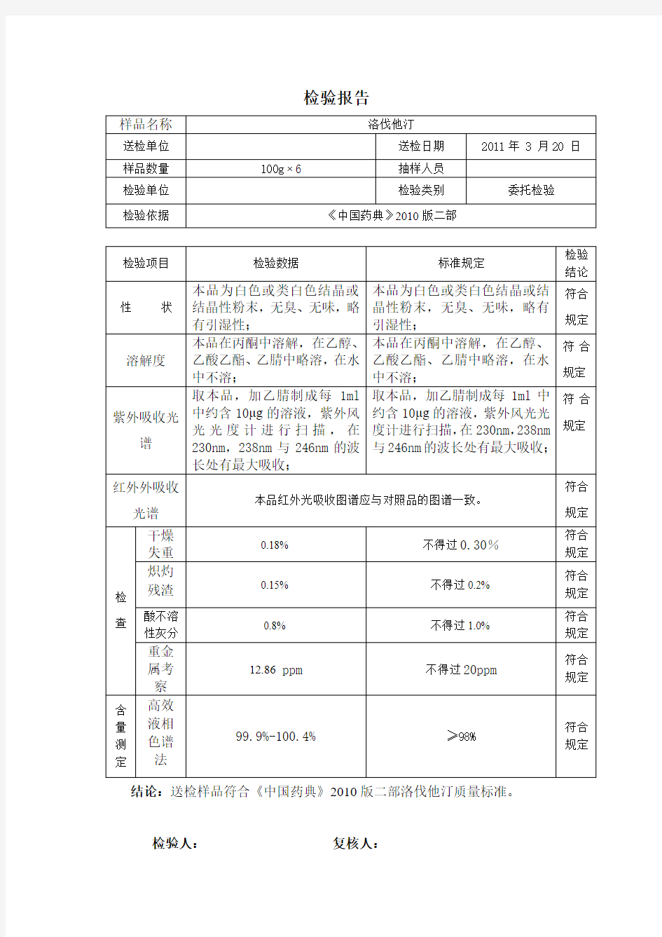 原料药检验报告模板