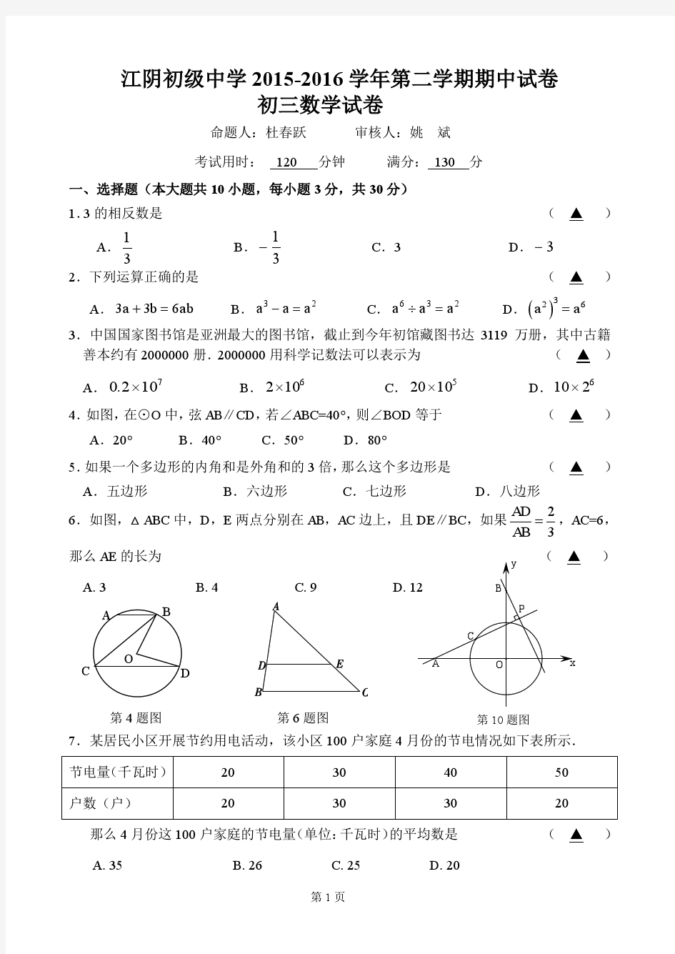 2015-2016学年第二学期4月江阴初级中学初三数学期中试卷(含答案)