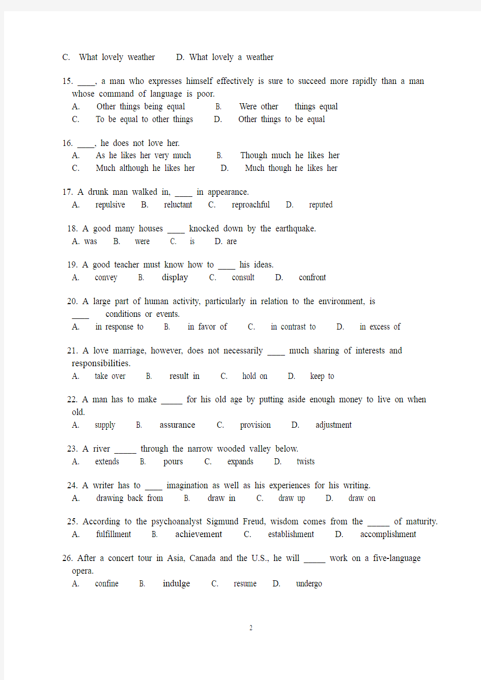 英语专业四级词汇语法练习100题及答案