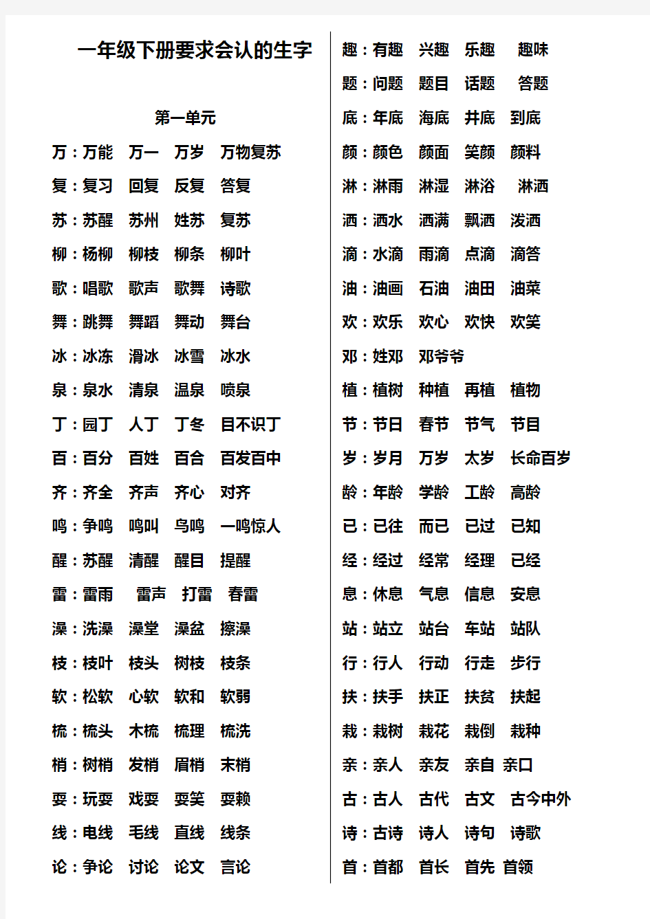 一年级下册二类字组词