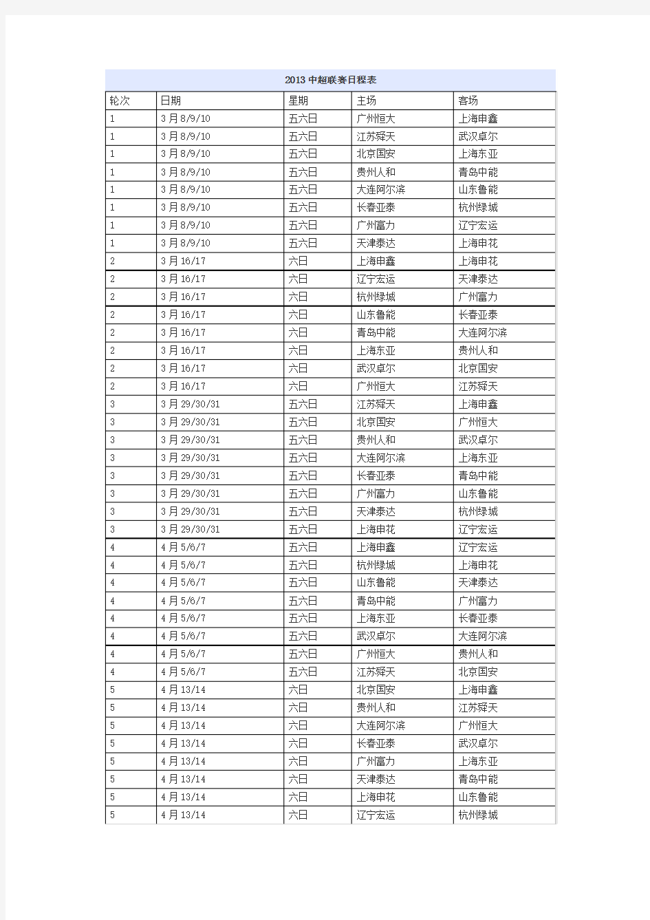 2013中超赛程表(完整版)