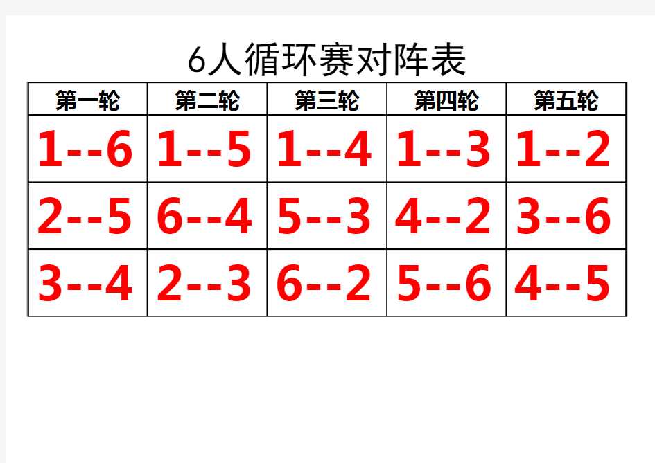 5-8人乒乓球循环赛对阵表