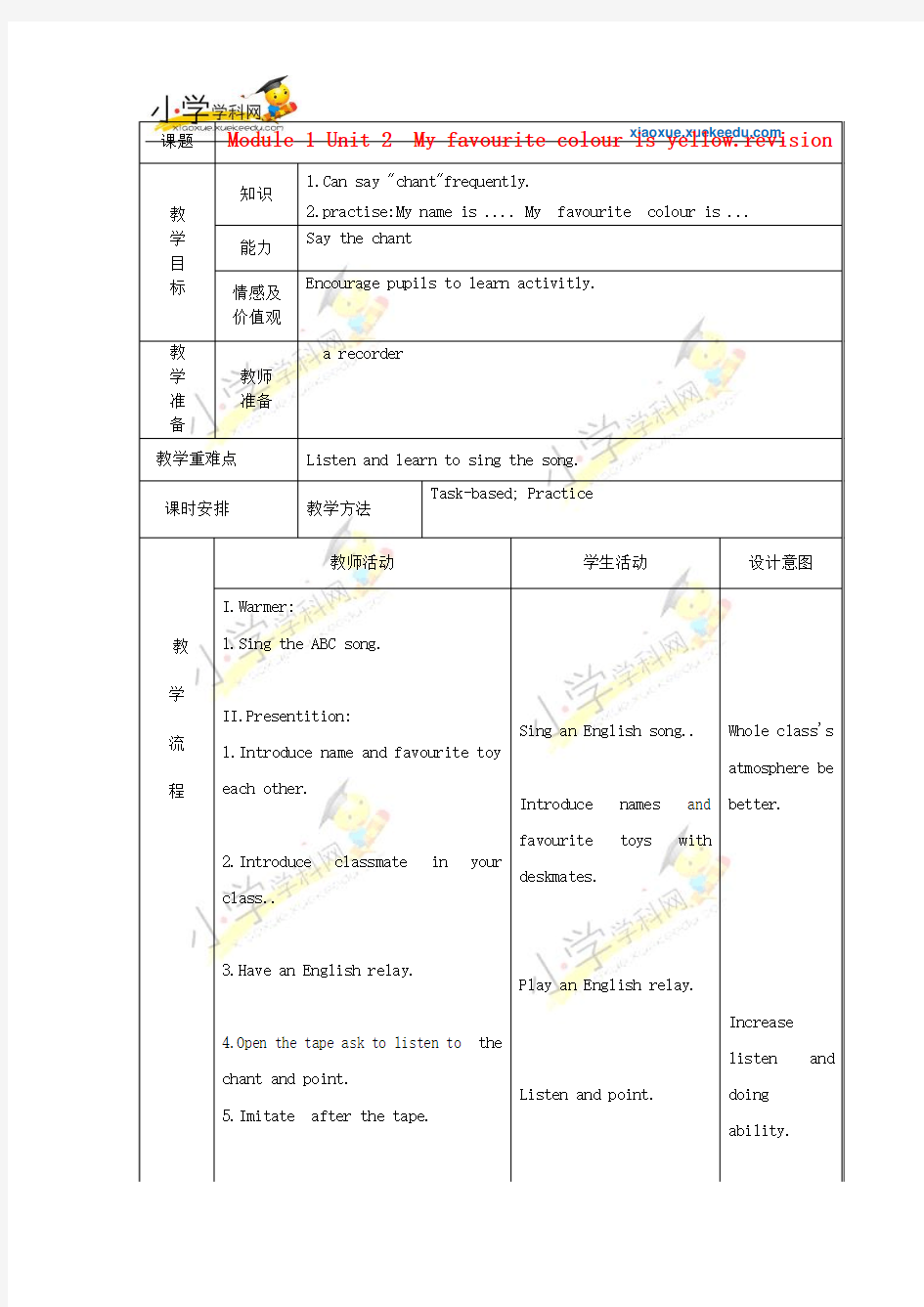 三年级下英语教学设计-Module 1 Unit 2 My favourite colour is yellow-外研版(三起)【小学学科网】