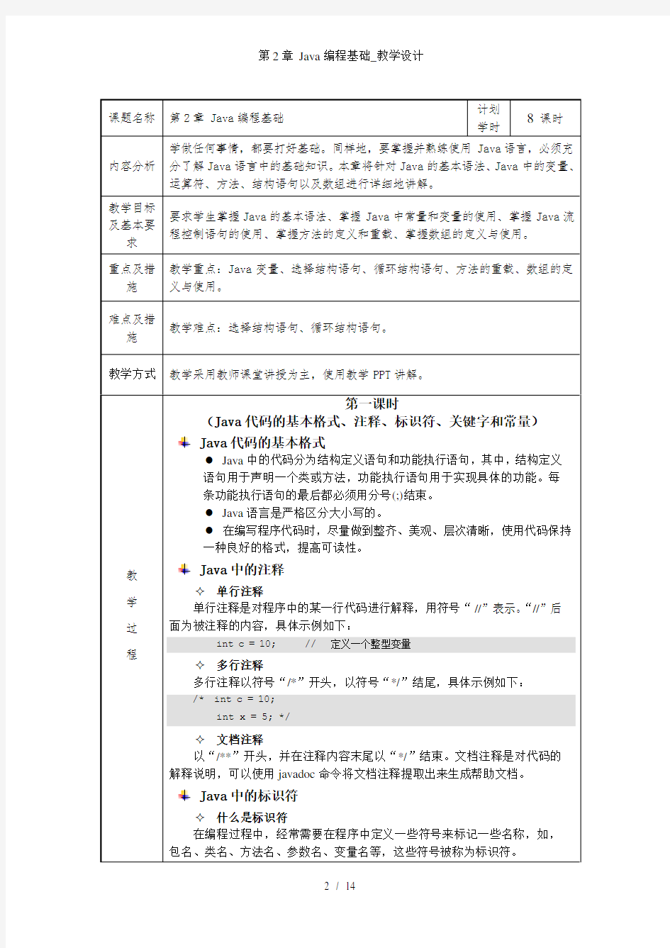 第2章 Java编程基础教学设计