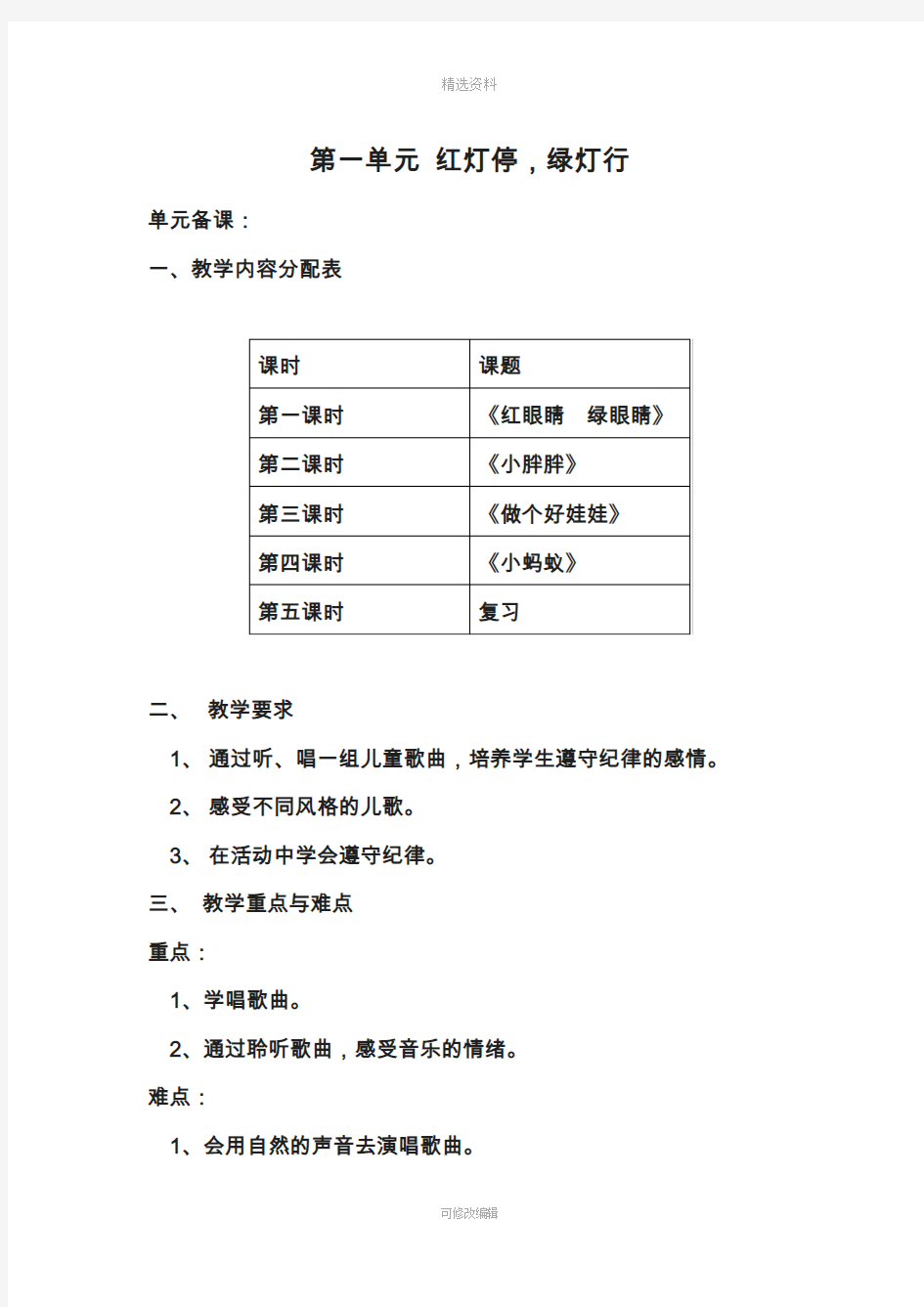 【完整打印版】人教版小学一年级音乐下册教案