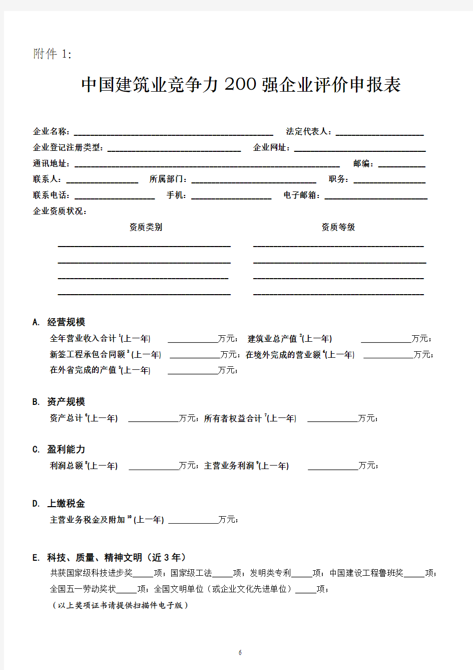 中国建筑企业竞争力百强申报表-中国建筑业协会