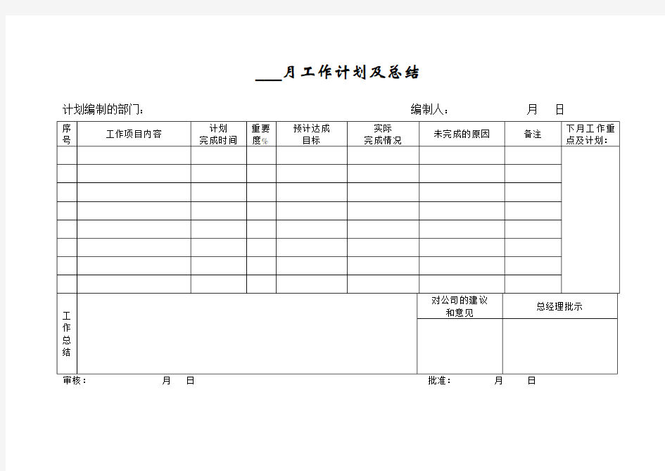 月度工作计划及总结