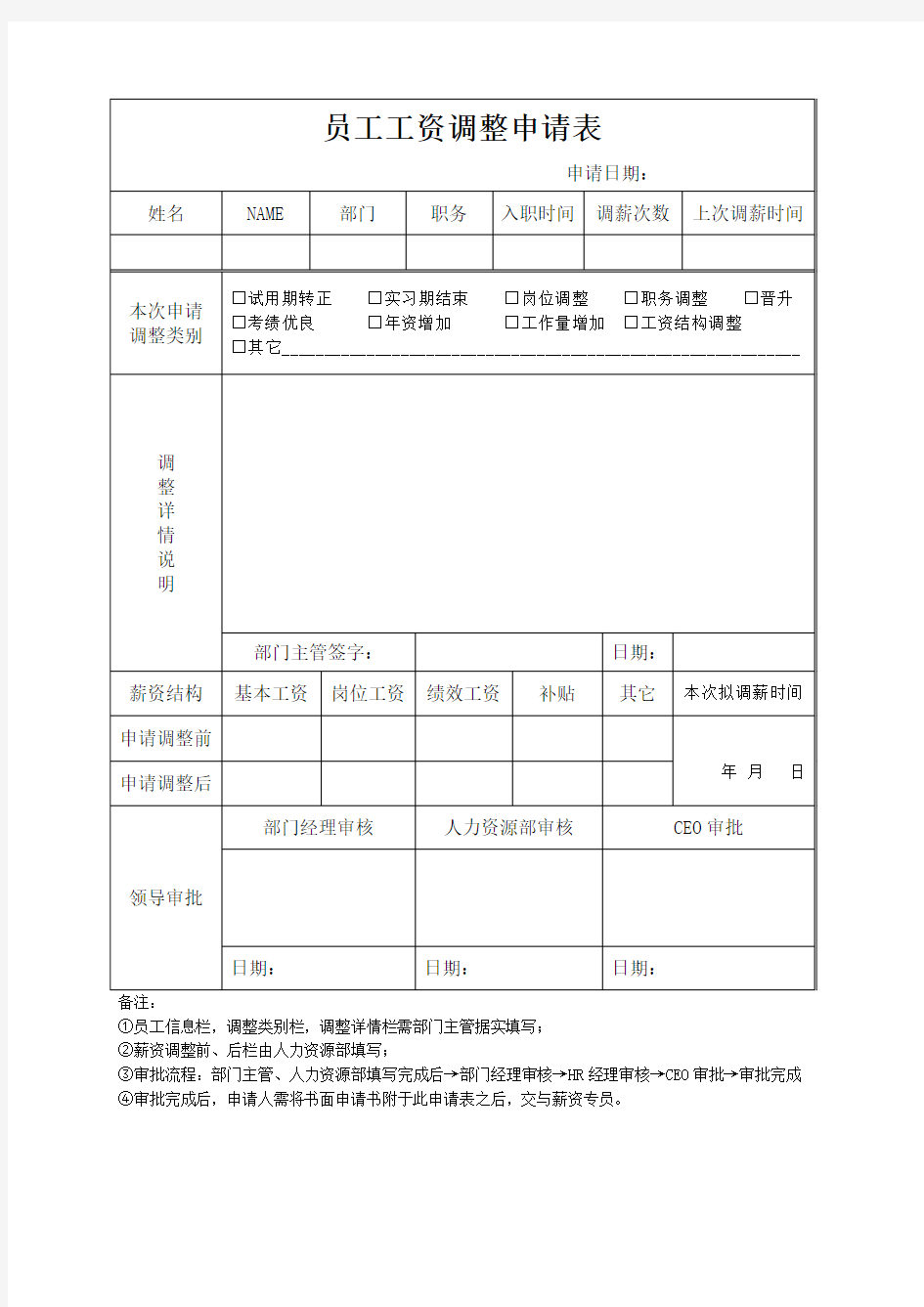 员工工资调整申请表