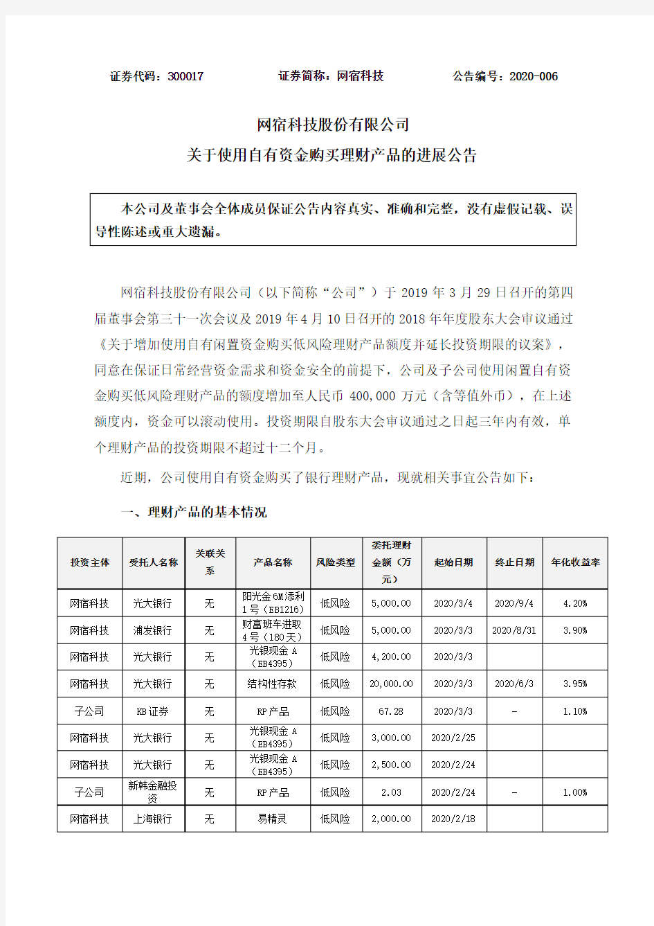 网宿科技股份有限公司关于使用自有资金购买理财产品的进展