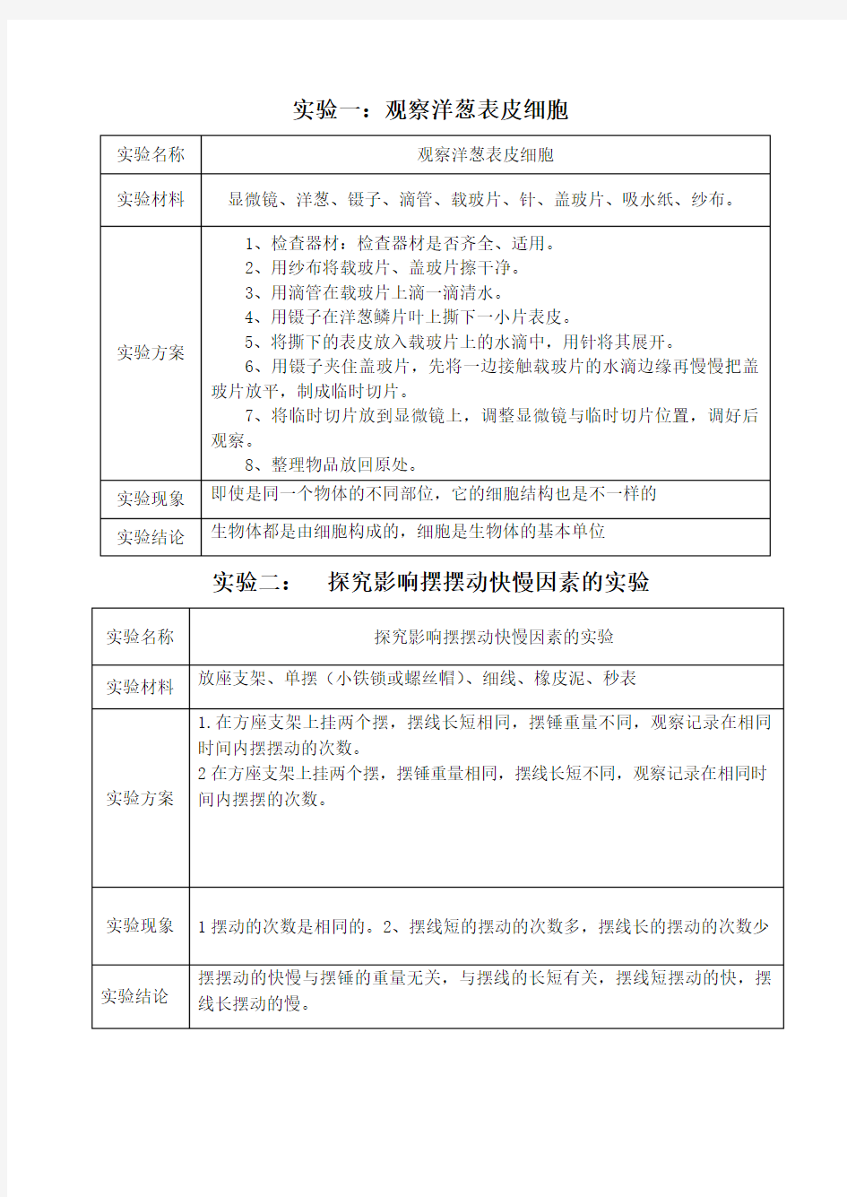 青岛版六年级下册科学实验