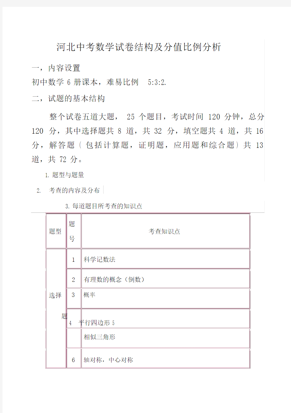 河北中考数学试卷结构及分值比例分析.doc