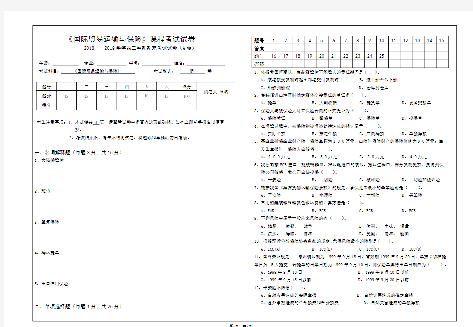 国际贸易运输与保险试卷A卷