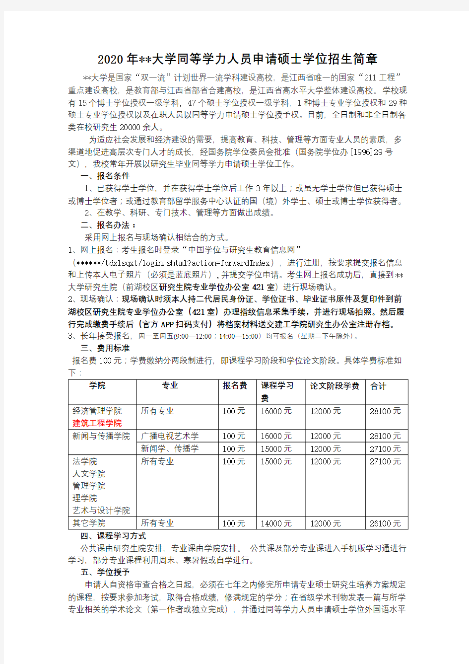 2020年南昌大学同等学力人员申请硕士学位招生简章【模板】