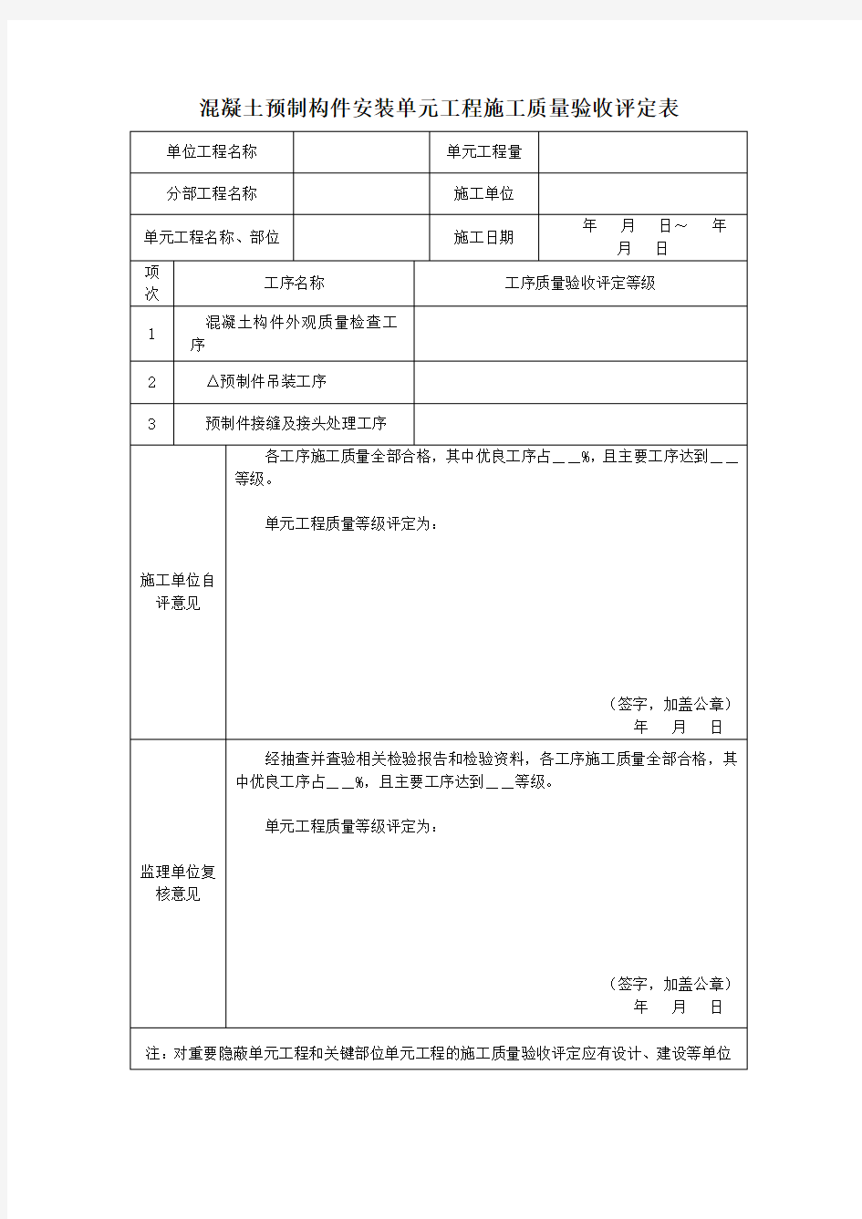 混凝土预制构件安装单元工程施工质量验收评定表