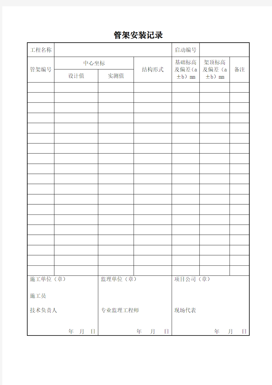 天然气公司场站燃气工程工艺管道安装分部工程管架安装记录式样