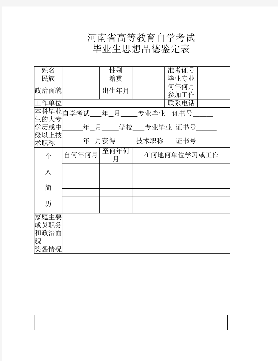 河南省高等教育自学考试思想品德鉴定表2016.5.11