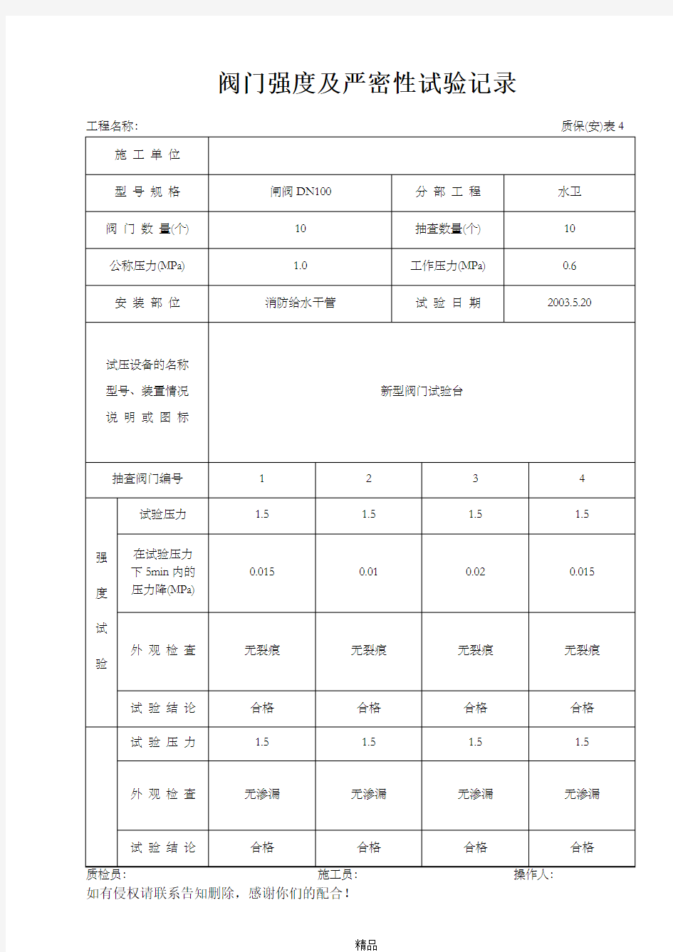 阀门强度及严密性试验记录