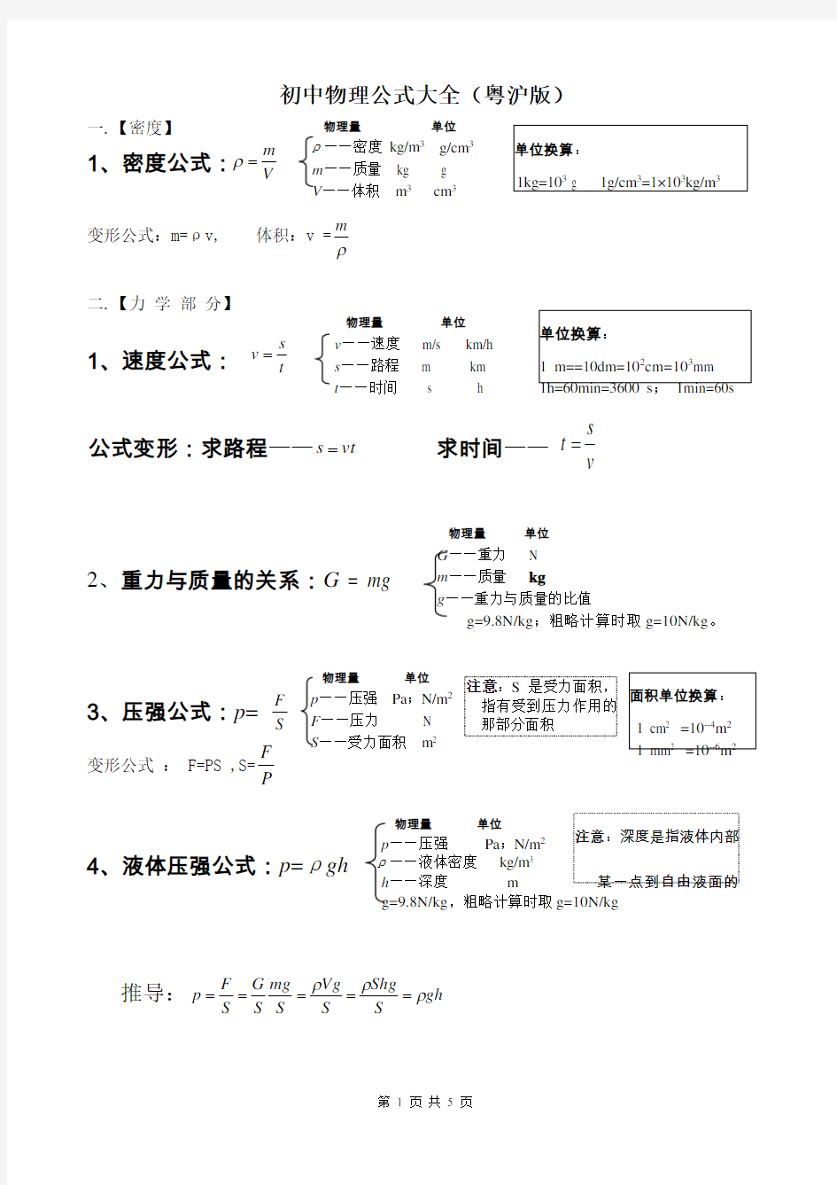 初中物理公式大全 粤沪 最新版