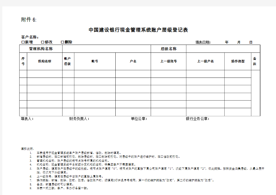 中国建设银行现金管理系统账户层级登记表
