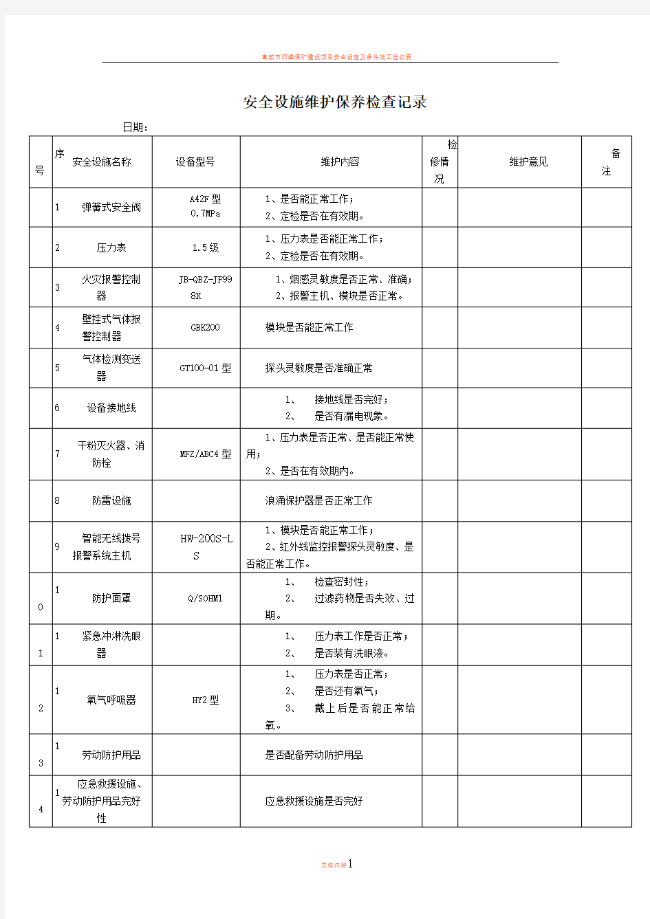 安全设施维护保养检查记录