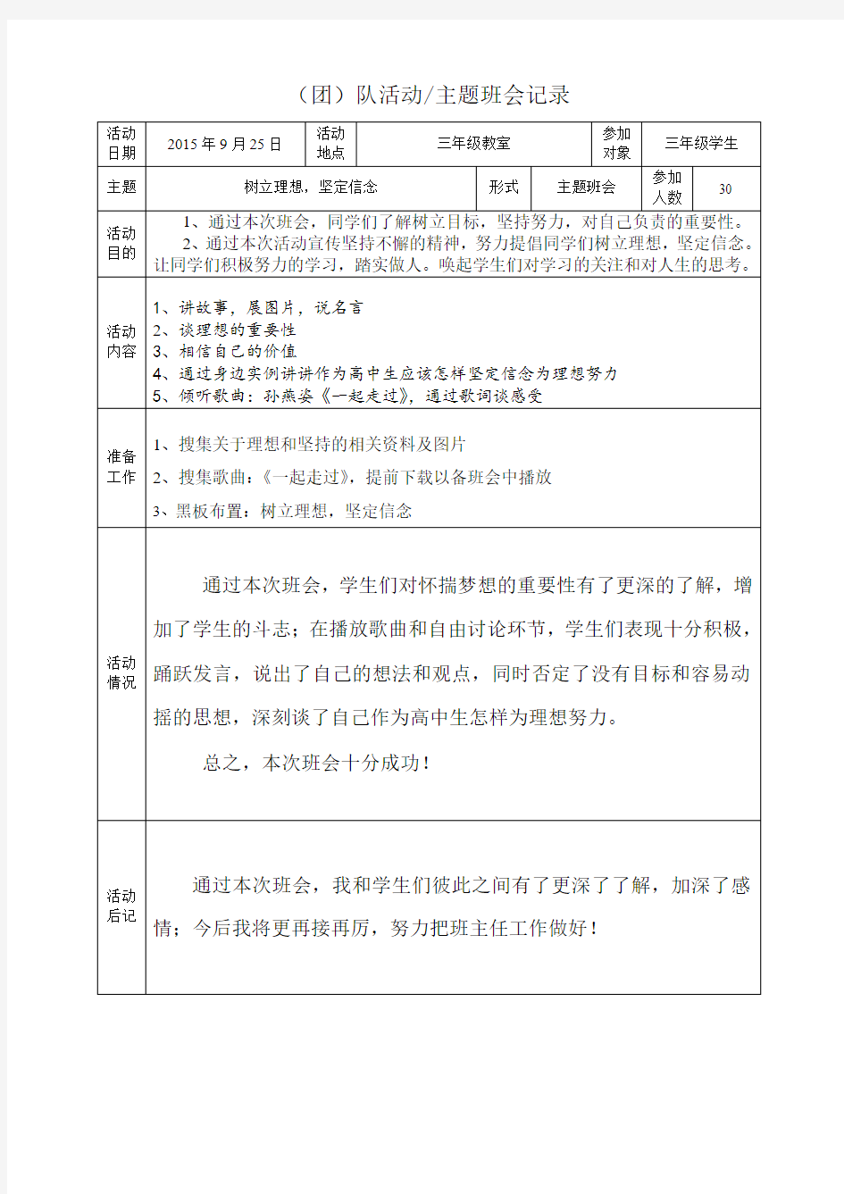 团队活动、主题班会记录