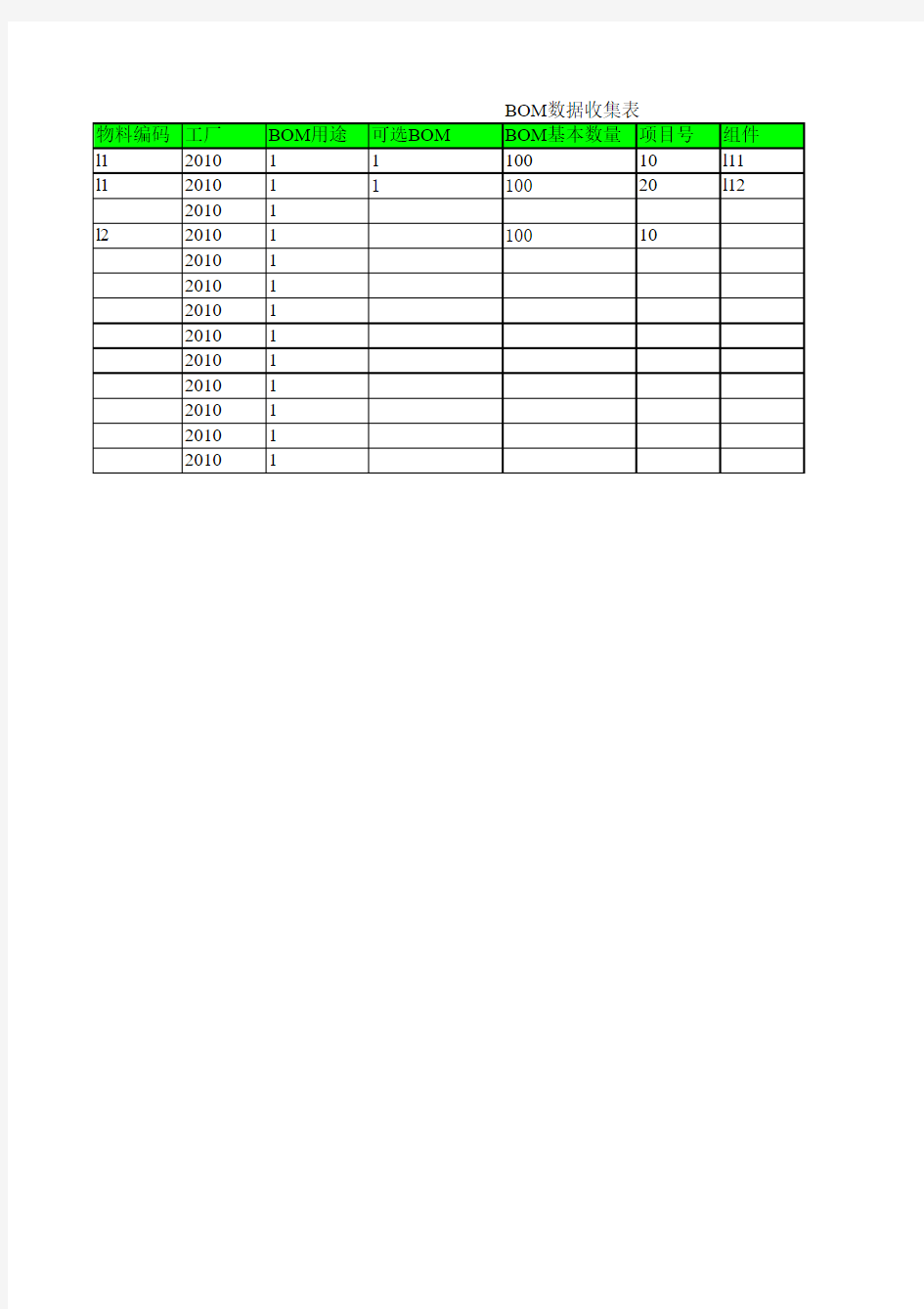 物料清单(BOM)收集表(模板)