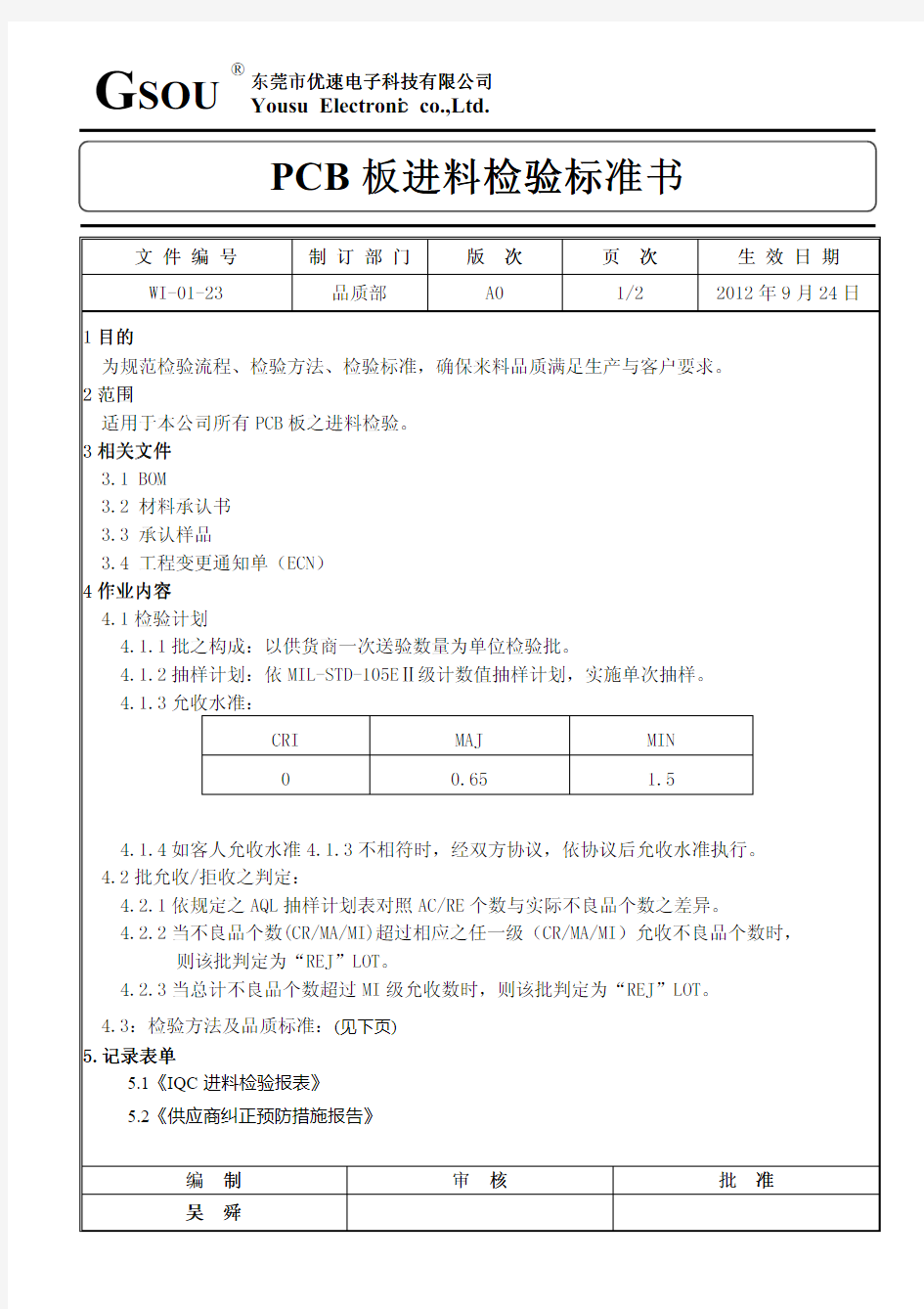 PCB板进料检验规范