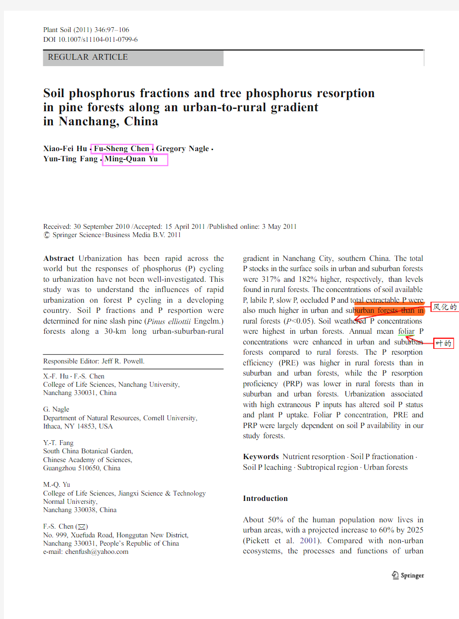 Soil phosphorus fractions and tree phosphorus resorption forests along an urban-to-rural gradient