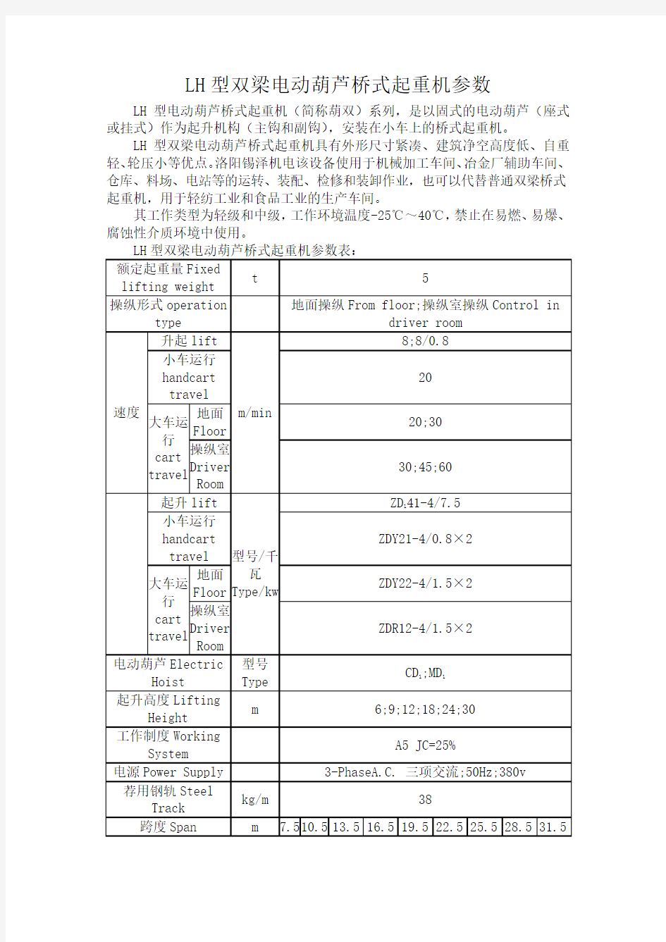 LH型双梁电动葫芦桥式起重机参数