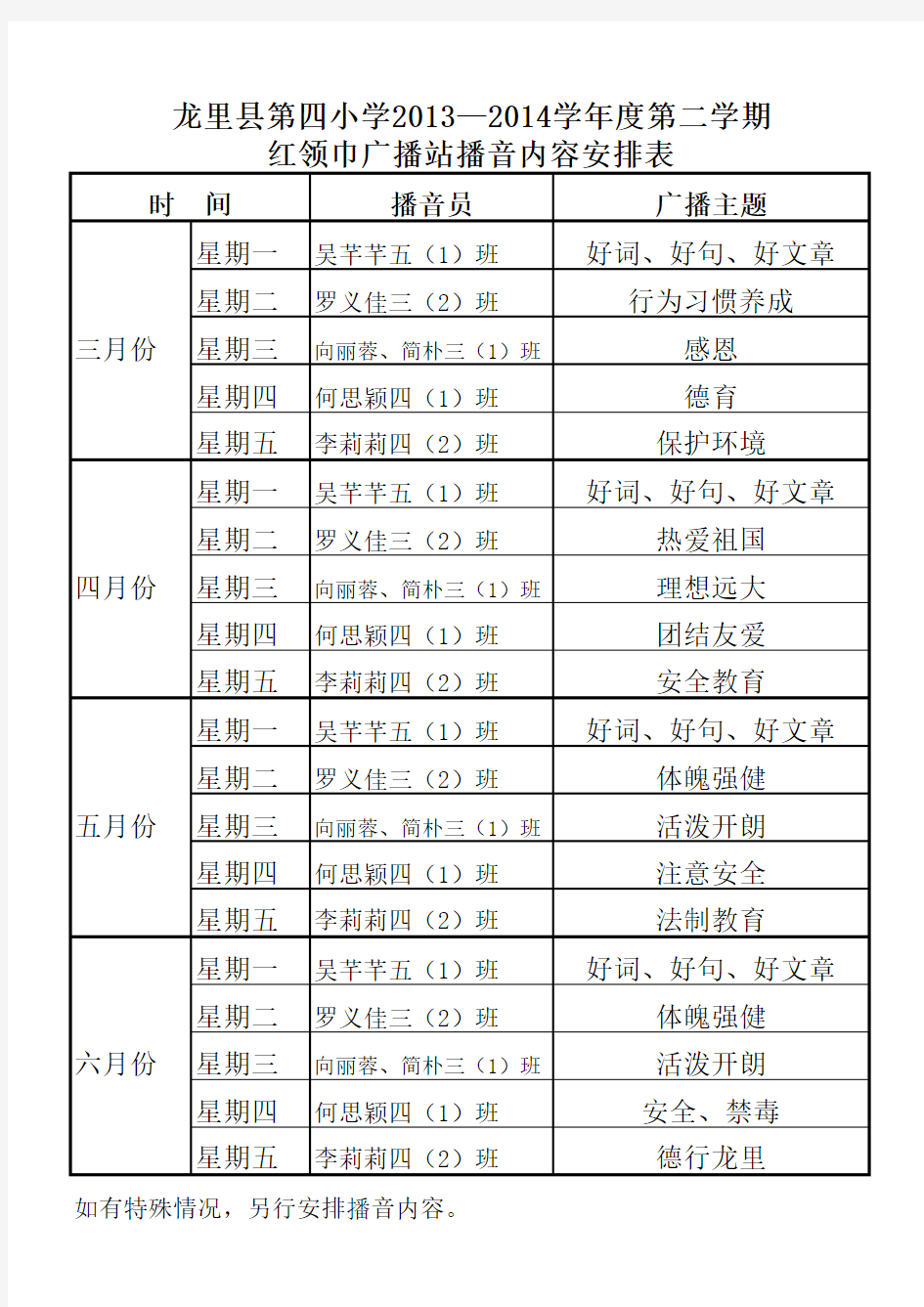 红领巾广播站播音主题安排表