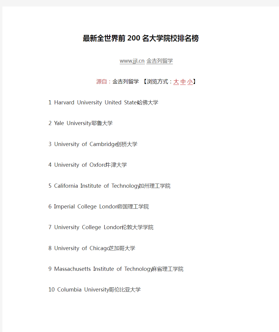 最新全世界前200名大学院校排名榜