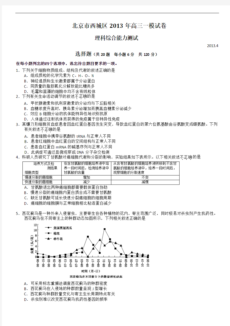 2013年北京市西城高三一模理综及答案