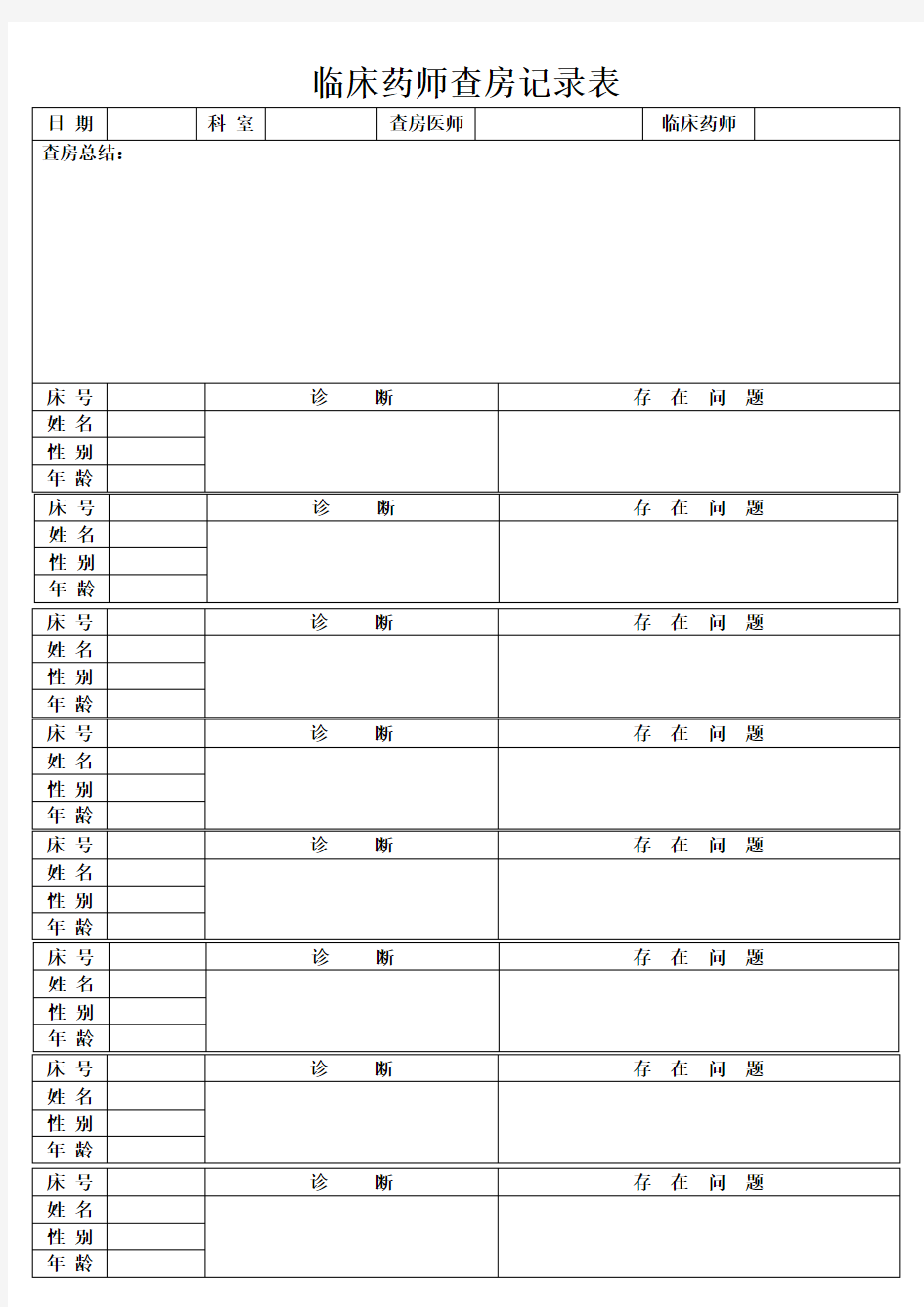临床药师查房记录表