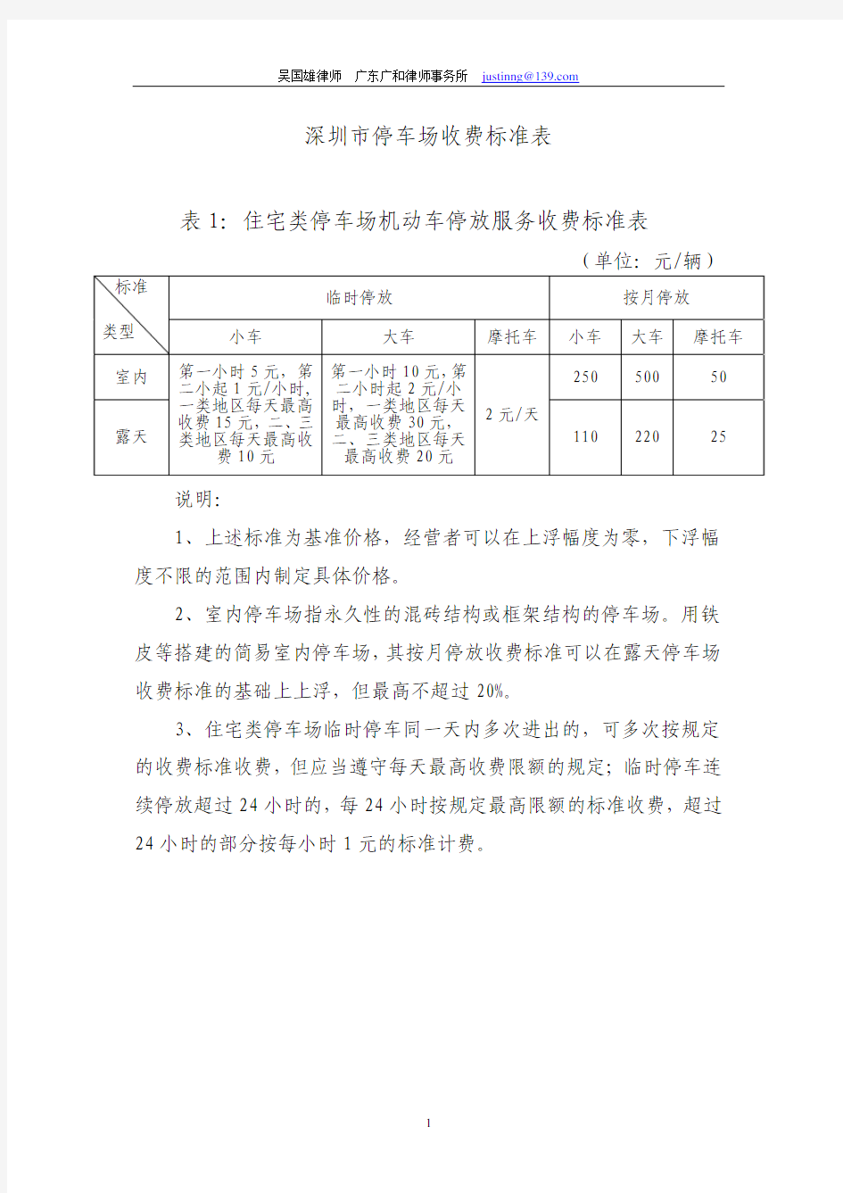 深圳市停车场收费标准表