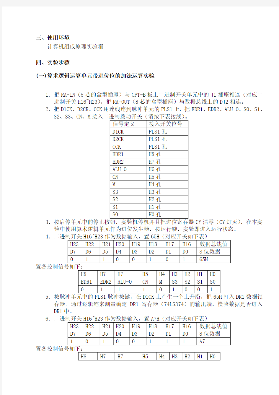 计算机组成原理实验报告进位位控制、通用寄存器判零实验