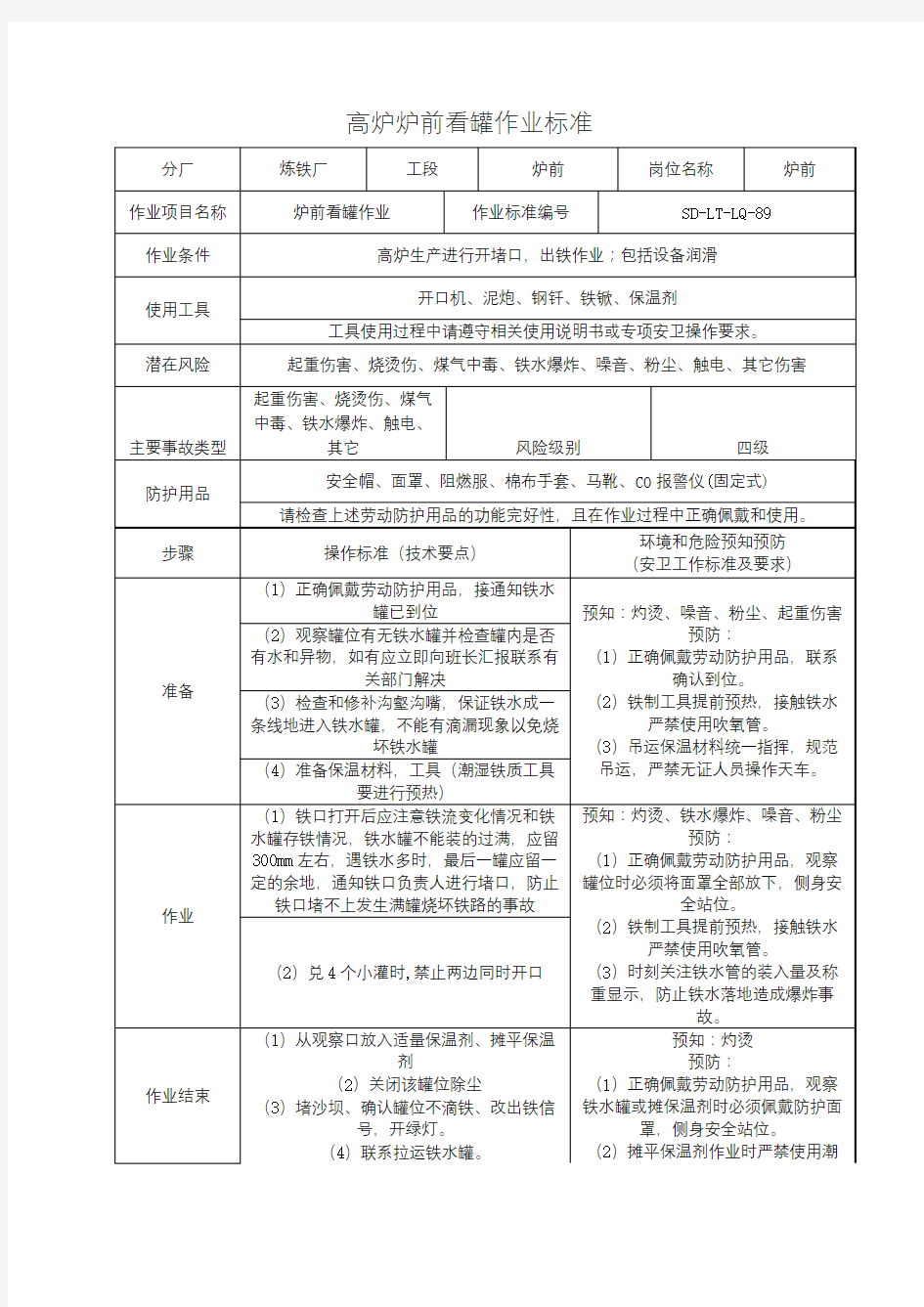 高炉炉前看罐作业标准