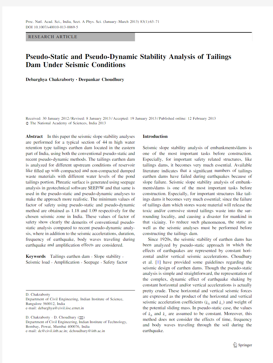 Pseudo-Static and Pseudo-Dynamic Stability Analysis of Tailings