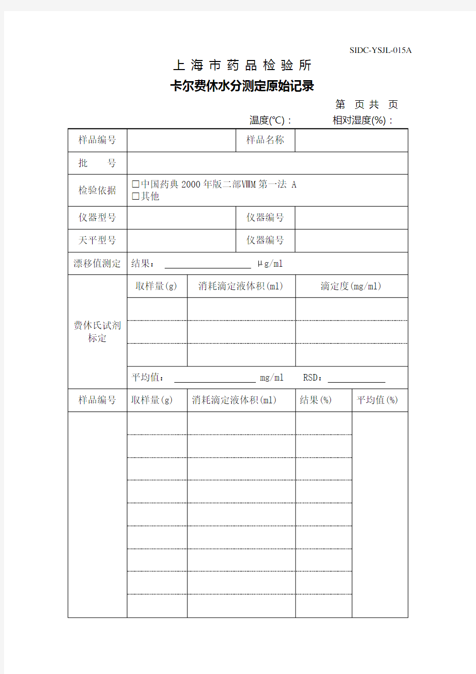 卡尔费休水分测定原始记录模板