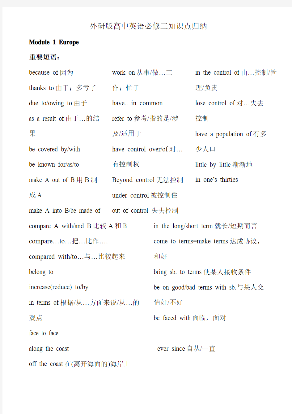 【高一英语】外研版高中英语必修三知识点归纳