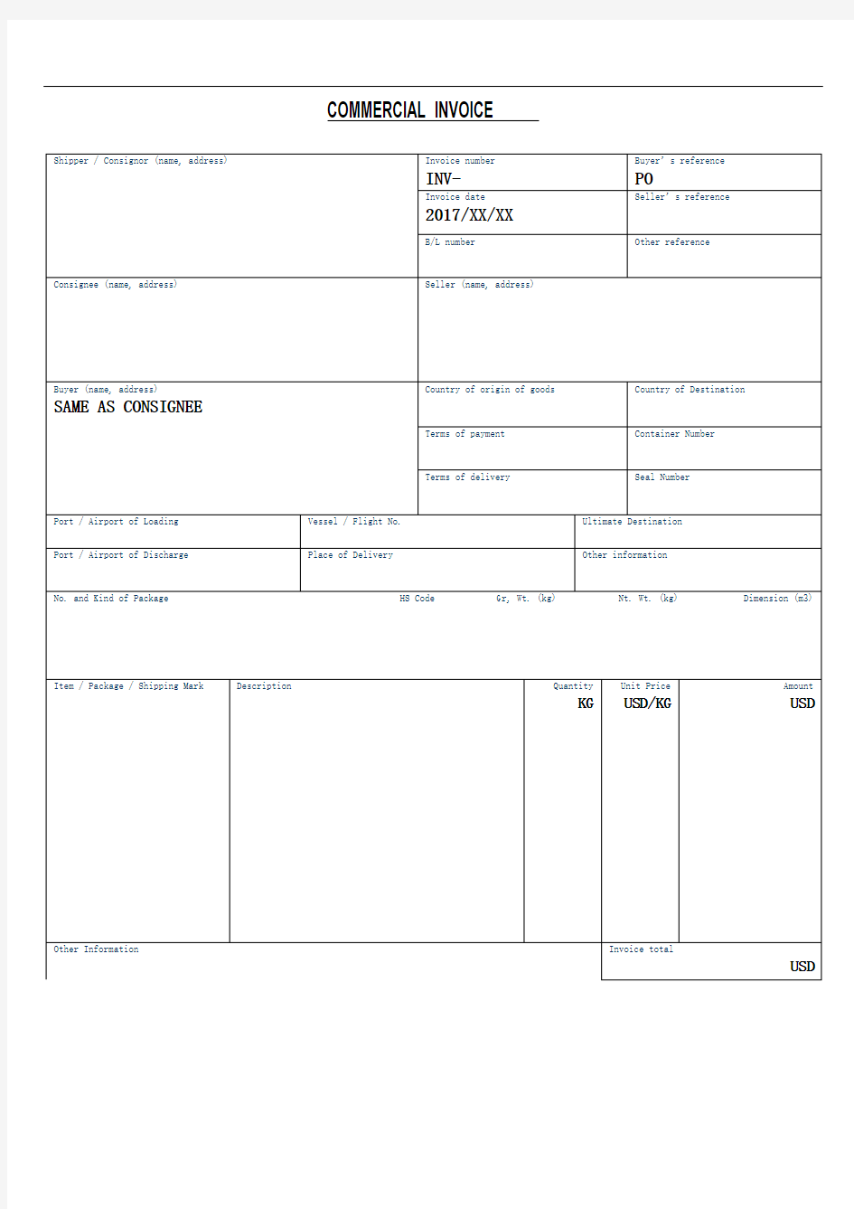 外贸商业发票样本CommercialInvoice