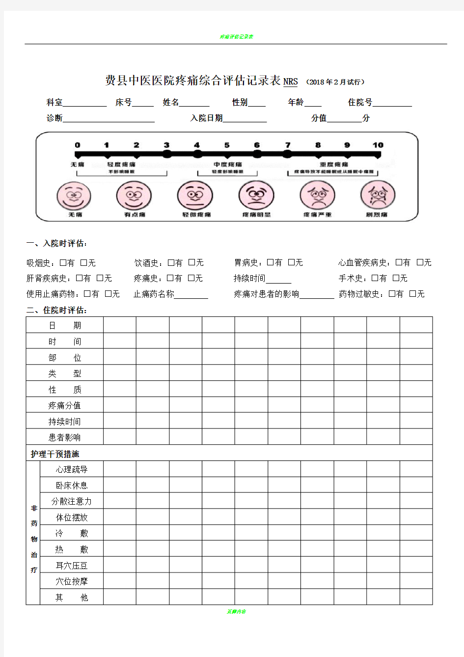 疼痛综合评估记录表NRS