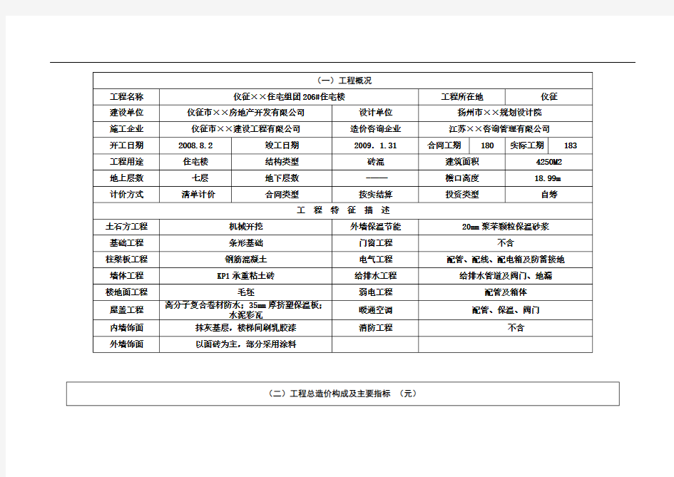 造价实例分析表(仪征206@楼)_