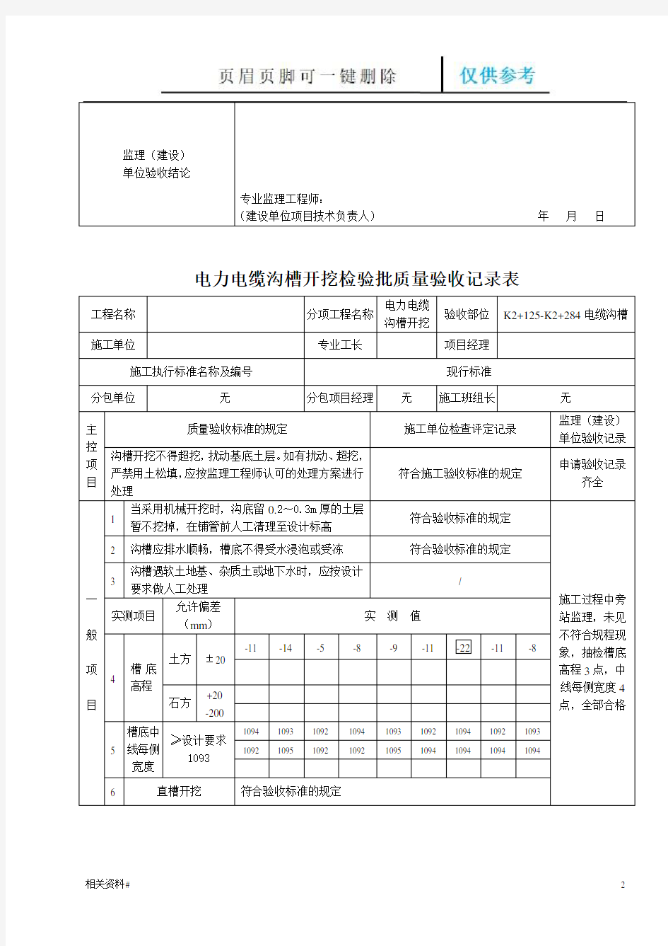 电缆沟沟槽开挖检验批(一类特选)