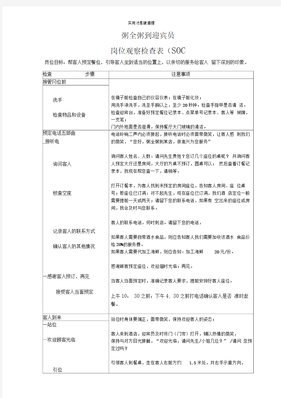 迎宾员岗位观察检查表SOC