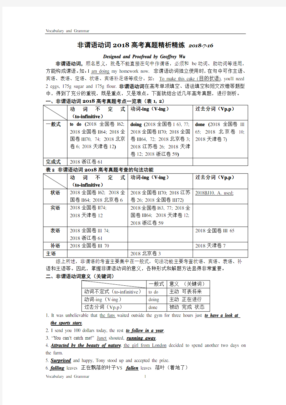 非谓语动词2018高考真题精析精练