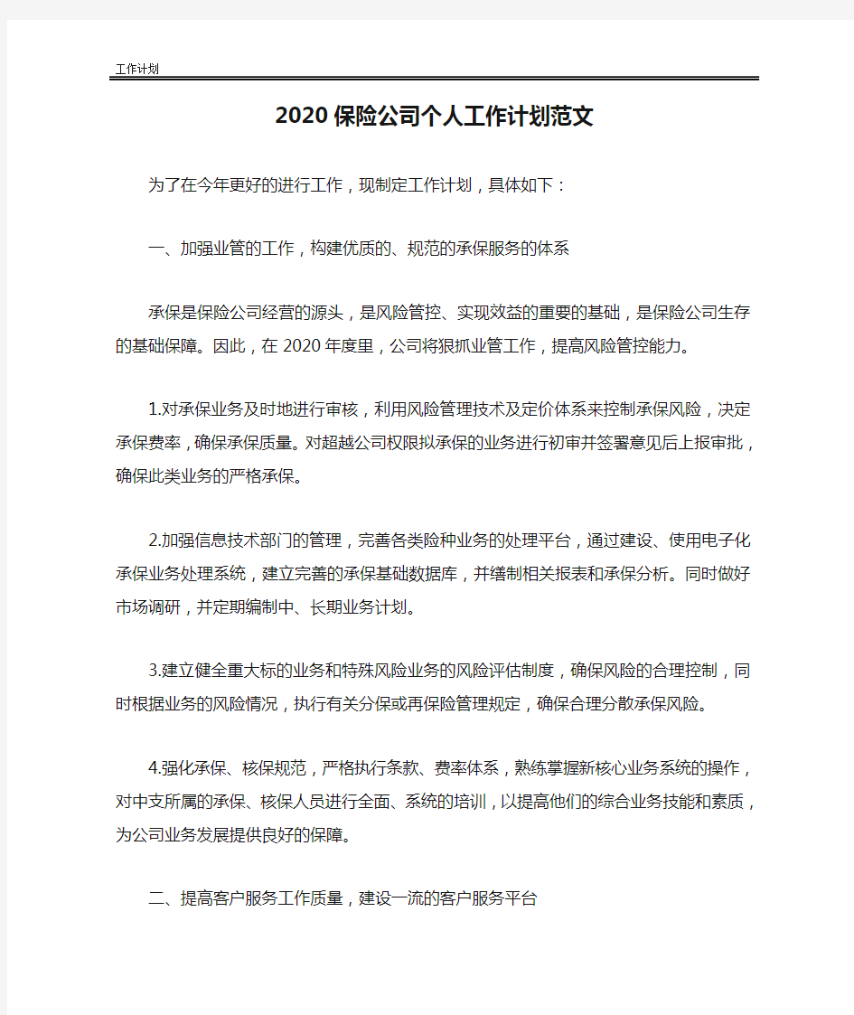 2020保险公司个人工作计划范文